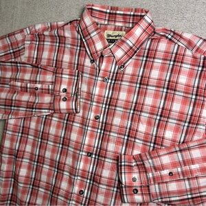 Wrangler Riata Shirt Men’s Large Orange Multicolor Plaid Long Sleeve Button Down